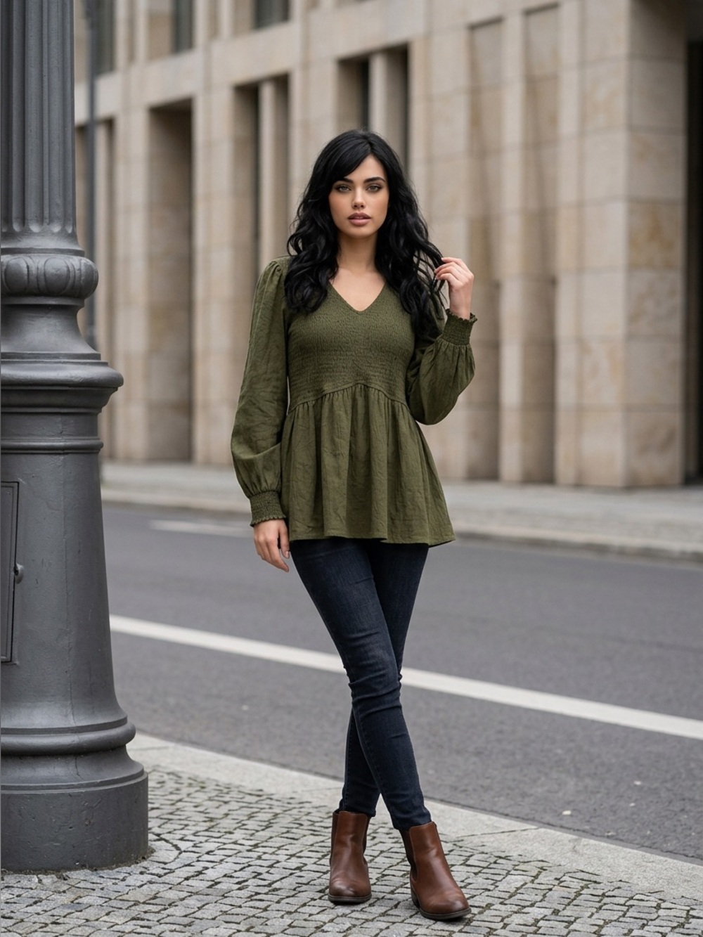 HEYTALALA Olive Green Smocked Peplum Blouse V-Neck Babydoll Top Womens XL NWT